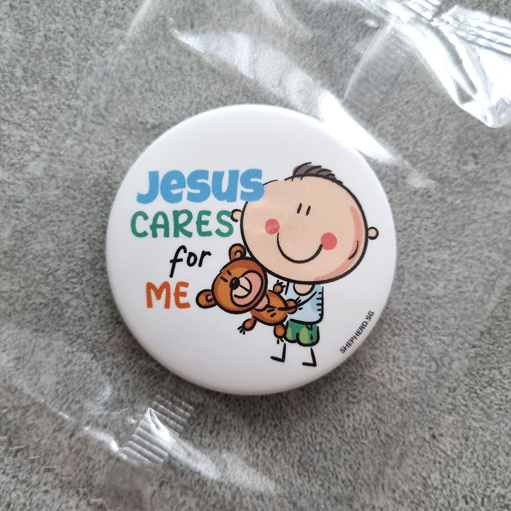 children pin badge jesus cares for me