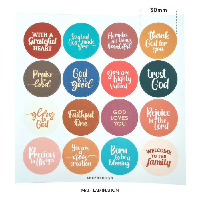 christian sticker set multicolor text circles sizing